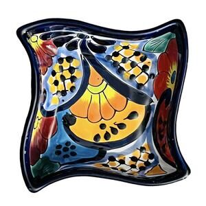 Talavera Enchanted Mexican Pottery Square Blue Floral Small Wavy 7” inch